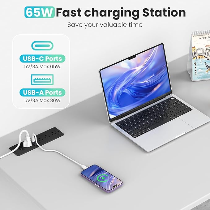 65W GaN USB C Recessed Power Strip, 4 AC Outlets & 2 USB-C PD + 2 USB-A QC, Flush Mount Hidden Charger Station for Desk Drawer Home Office Furniture