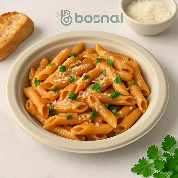 BOSNAL 10 inch & 7 inch Round Plates, 10 inch Oval Plates, 32 oz Bowls & 8 oz Cups with Lidss & Cutlery – 100% Plant-Based Bagasse, Eco-Friendly, Compostable, Microwave Safe, Durable Dinnerware Set