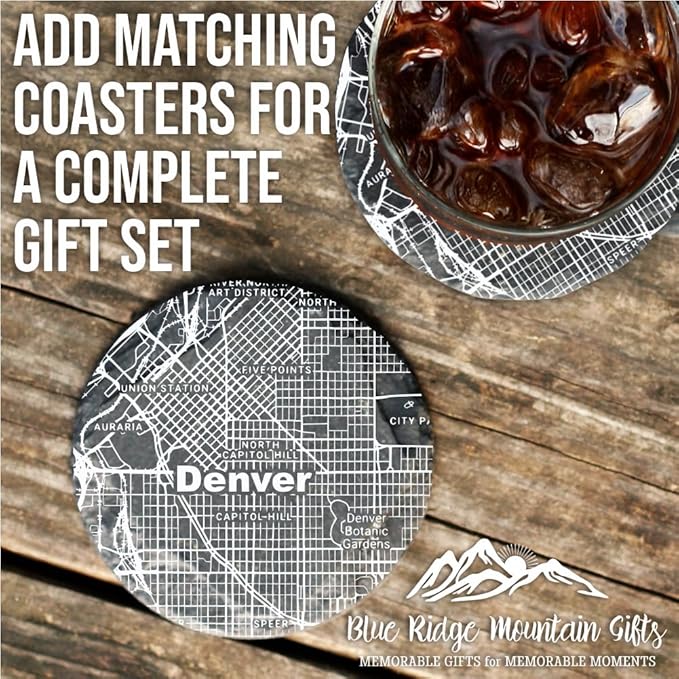 Blue Ridge Mountain Gifts - Denver Souvenir - Colorado Glassware Gift, Etched City Map, Laser Engraved and Dishwasher Safe
