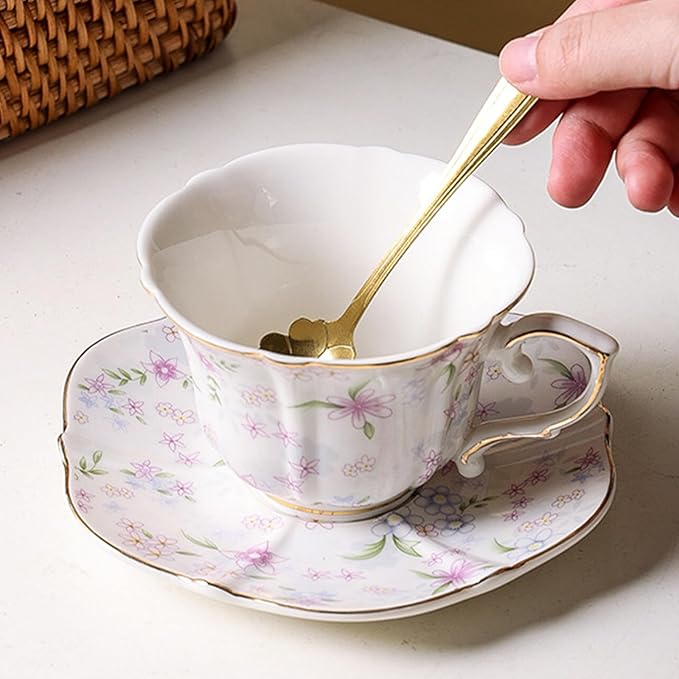 Bone China teacups,Vintage flower Pattern Espresso Teacups and Saucers,ceramic Coffee Mug Set & tea cups for women,about 7 oz(200 ml), Style02