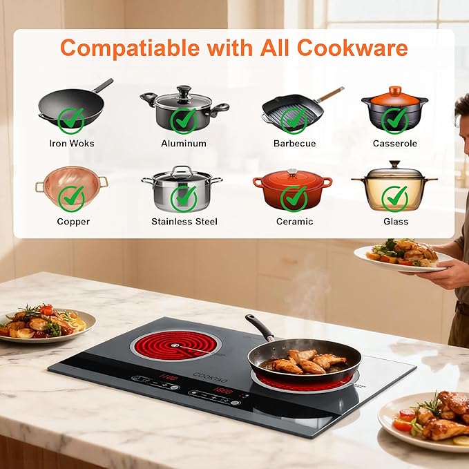 Dual Coil Design of 2 Burner Electric Cooktop, 1800W Ceramic Hot Plate for Cooking, Infrared Double Burner Portable Countertop or 24inch Built-in Radiant Stove Top Cooker, Compatible with All Cookware