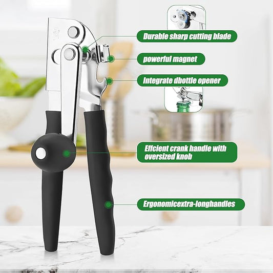 2Pcs Commercial Can Opener Stainless Steel Handheld Can Opener Smooth Edge with Easy Crank Handle Black Swing Grips for Bulk Cans and All Size Cans