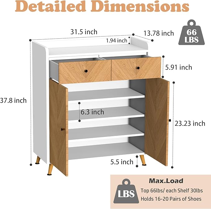 Shoe Storage Cabinet with 2 Doors, 20 Pairs Shoes Cabinet for Entryway with Adjustable Shelves and 2 Drawer, 31.5'' Wide Shoe Rack Shoe Organizer Cabinet for Entryway Living Room (White)