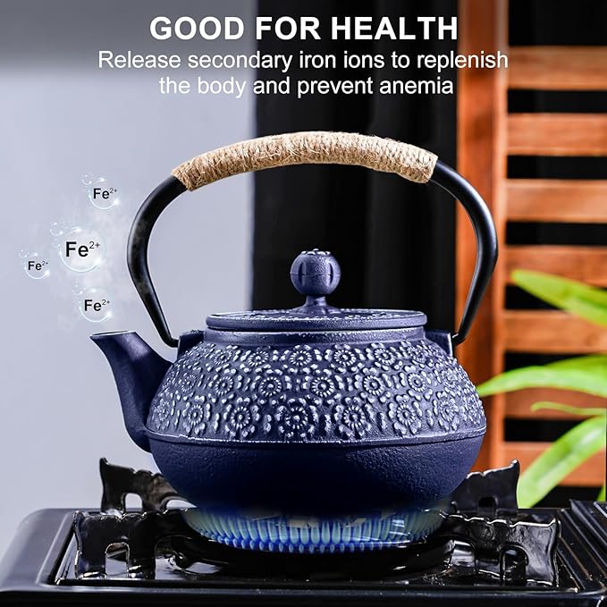 PARACITY Cast Iron Teapot Japanese 30.5 OZ, Tea Kettle Pot for Stove Top, Tea Pot with Stainless Steel Infusers for Loose Tea, Boiling Hot Water Tea, Mothers Day Gifts from Daughter/Son (Blue)