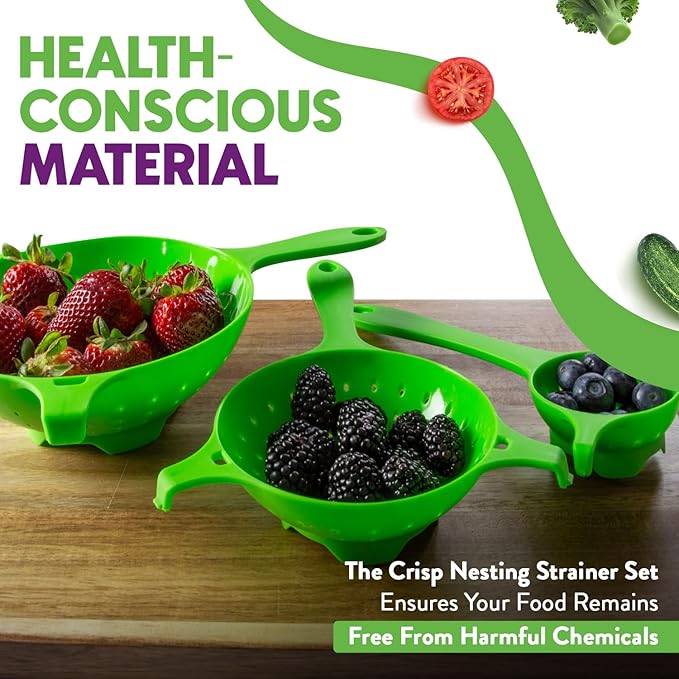 Crisp 3 Piece Nesting Strainer Set - Plastic, Durable Kitchenware, Dishwasher Safe - Made in the USA - Green