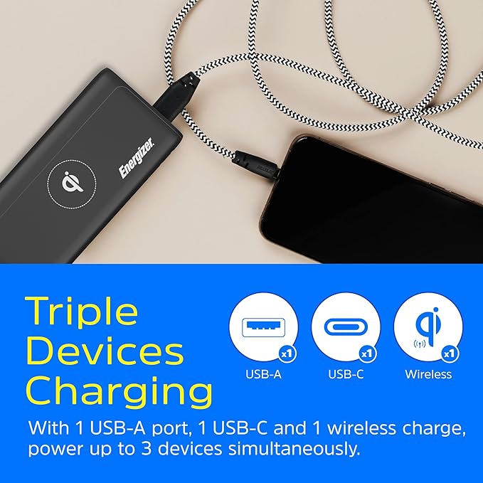 Energizer 10,000mAh Wireless Portable Charger Qi-Certified, 18W USB C Fast Charging PD 3.0 Power Bank for iPhone 16/15/14/13/12 Series, Samsung, Android Devices_QE10011PQ
