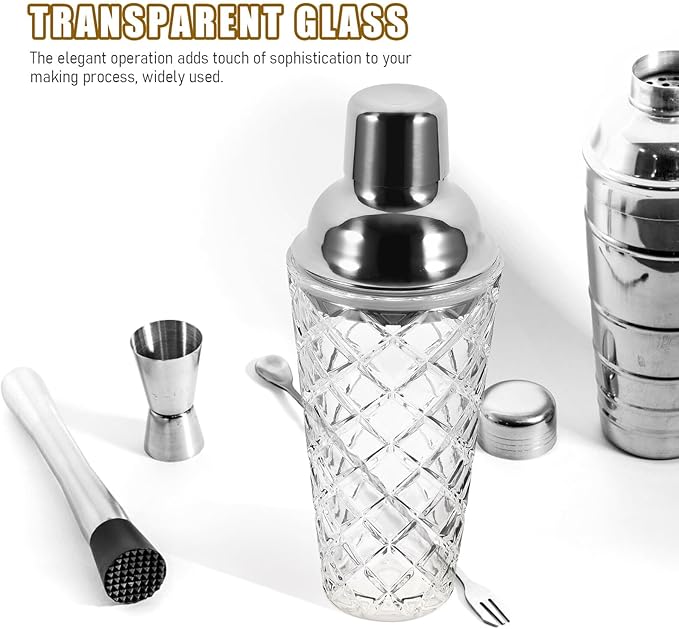 Glass Cocktail Shaker with Stainless Steel Lid Transparent Hand Shaker for Mixing Cocktails Milk Tea and Beverages Bar Tool with Stylish Pineapple Texture Cap for Home Bartenders
