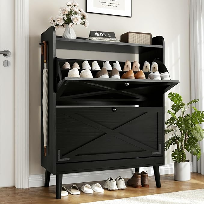 Shoe Storage Cabinet with 2 Flip Drawers & Adjustable Shelves,Narrow Shoe Cabinet Storage with Doors Side Hooks Wooden Shoe Rack Cabinet for Entryway,Hallway,Rustic Black