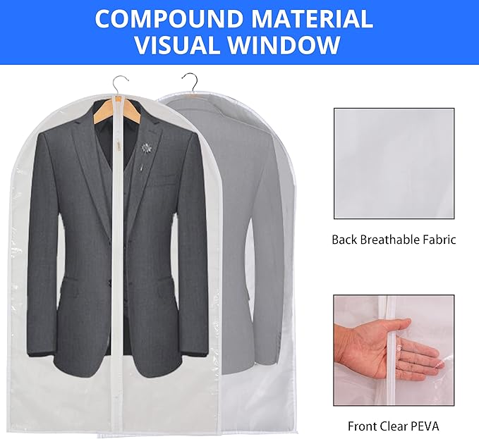 Clear Garment Bag Suit Bags for Closet Storage, Vinyl Garment Bags for Hanging Clothes, Coat Covers for Closet with Zipper and Plastic Garment Bags for Hanging Clothes - 24'' X 40''/6 Pack