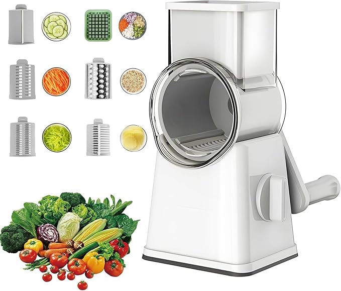 Rotary Cheese Grater, 6-in-1 Vegetable Shredder and Mandoline Slicer with 6 Stainless Steel Blades, Easy to Use & Clean Food Chopper with Dicing Blade (White)