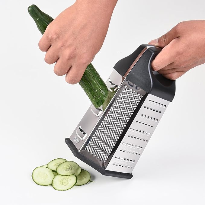 9" 6-Sided Cheese Grater with Handle, Stainless Steel, Rust Proof & Dishwasher Safe