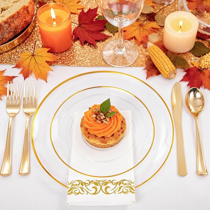 NOCCUR 350PCS Clear and Gold Plastic Plates - Gold Disposable Plastic Dinnerware Set for 50 Guests Include 100 Plastic Plates, 150 Gold Cutlery, 50 Cups&50 Napkins Idea for Party/Christmas