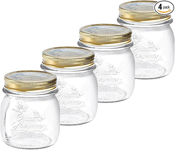 Bormioli Rocco Quattro Stagioni set of 4 Clear Airtight Mason Jars, 8.5 Oz. Made from BPA Free Durable Glass, Made In Italy.