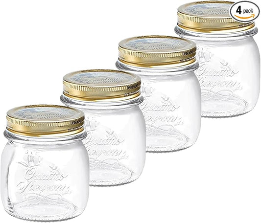 Bormioli Rocco Quattro Stagioni set of 4 Clear Airtight Mason Jars, 8.5 Oz. Made from BPA Free Durable Glass, Made In Italy.