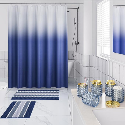 Bathroom Sets with Shower Curtain and Rugs and Accessories, Glass Bathroom Accessories Set Blue Bathroom Set Bathroom Sets, Blue Bath Mat and Diamond Soap Dispenser for Bathroom Decor