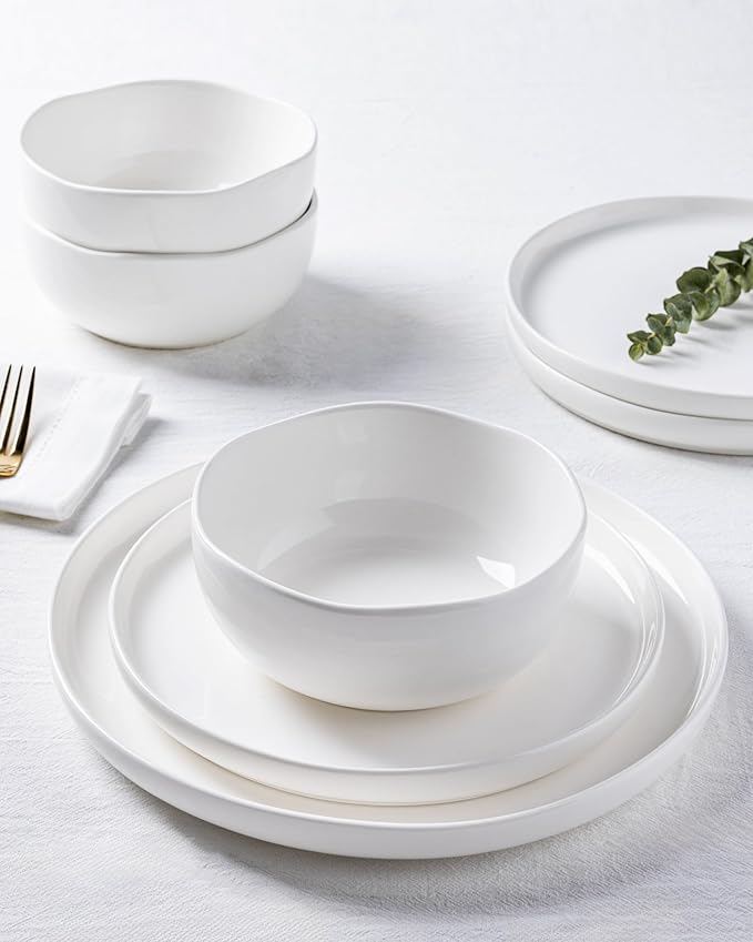 TheTerra Ceramic Dinnerware Sets for 4, 12 Pieces Porcelain Lightweight Plates and Bowls Sets, Scratch Resistant Dish Set, Oven & Microwave & Dishwasher Safe, Bright White