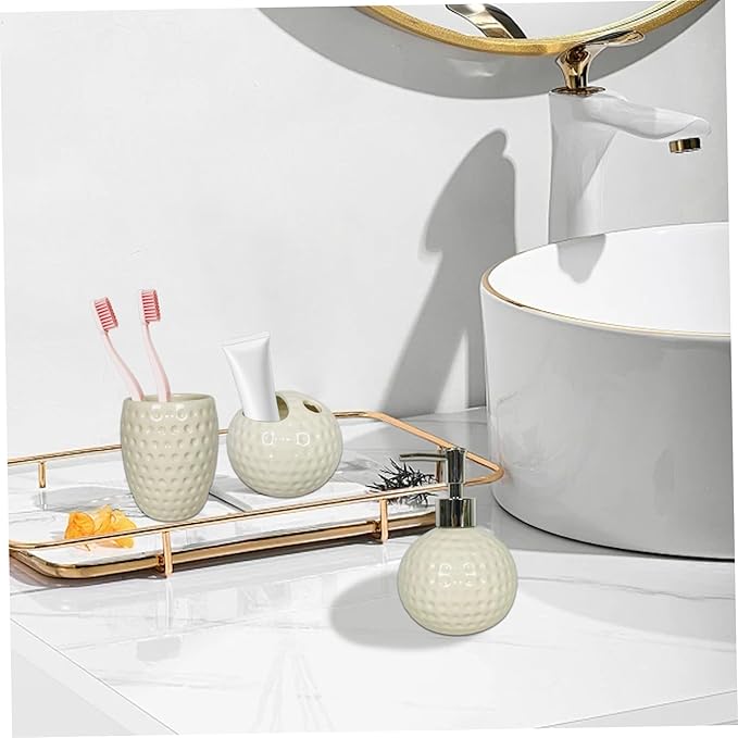 4Pcs White Bathroom Accessories Set Engraved Soap Dispenser with Toothbrush Holder & Tumbler & Soap Dish Ceramic Bathroom Accessories Set for Home Hotel