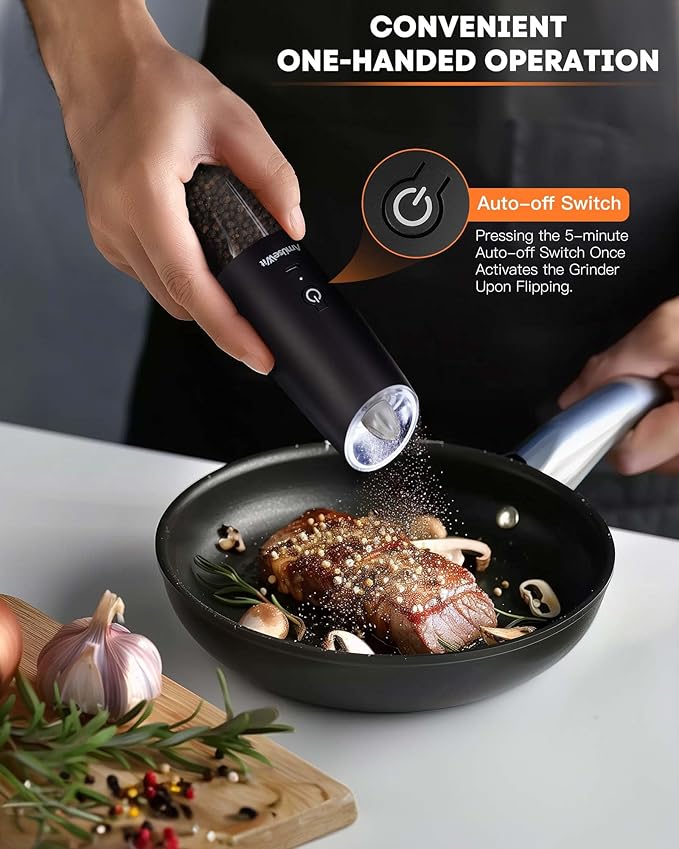 AmuseWit Gravity Electric Salt and Pepper Grinder Set [White Light] USB Rechargeable Automatic Pepper and Salt Mills,Adjustable Coarseness,One-Handed Operation,Matte Black