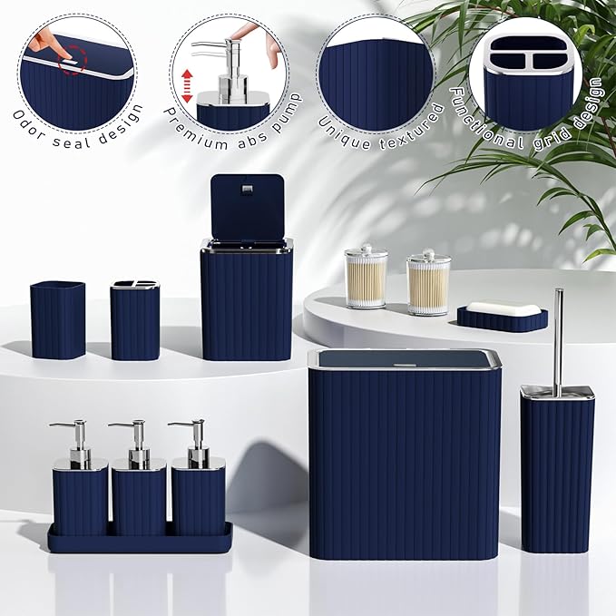 Bathroom Accessory Set - Bathroom Set, 27PC Bathroom Accessories Set, Navy Blue Bathroom Sets with Shower Curtain and Rugs, Mini Trash Can, Toilet Brush, Trash Can & Soap Dispenser