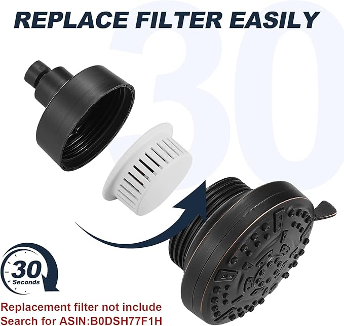 High Pressure Shower Filter Head Oil Rubbed Bronze Fixed Shower Head 7 Settings, 5 Inch Bathroom Rain Shower Head with Enhanced Filter for Hard Water, Reduces Chlorine and Harmful Substances