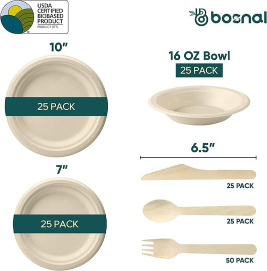 BOSNAL 10 inch & 7 inch Round Plates with 16 oz Bowls & Cutlery – 100% Plant-Based Sugarcane Bagasse, Eco-Friendly Disposable Dinnerware for Hot & Cold Meals, Microwave Safe, Durable & Compostable