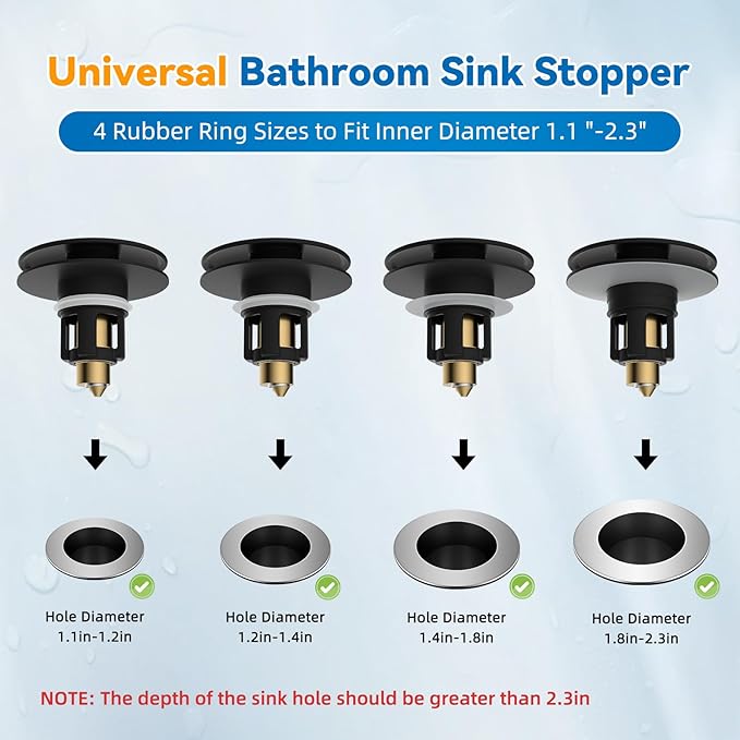 iFealClear 2 Pack Universal Bathroom Sink Stopper, Pop Up Sink Drain Strainer with Hair Catcher Basket, Fit 1.1"-2.36" US Basin, Wash Basin Drain Plug, Big Cover Cap, Brass Bounce Core, Matte Black