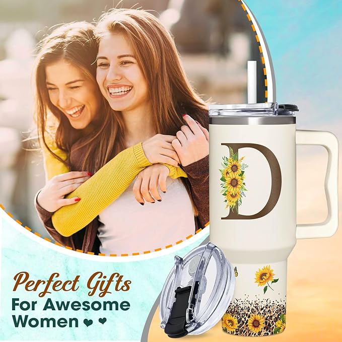 Personalized Birthday Gifts For Women - Sunflowers Monogrammed Cup For Boss Day, Christmas - Customized Gifts For Women, Mom, Wife, Coworkers, Boss Lady, Her - Custom Tumbler With Handle 40oz
