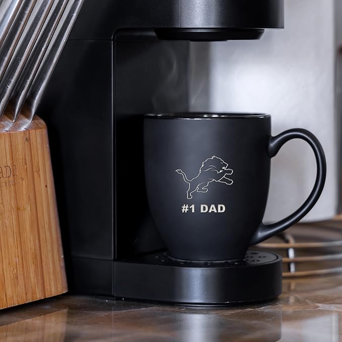 Rico Industries NFL Football #1 Dad 15oz Laser Engraved Matte Black Ceramic Bistro Mug - for Hot or Cold Drinks