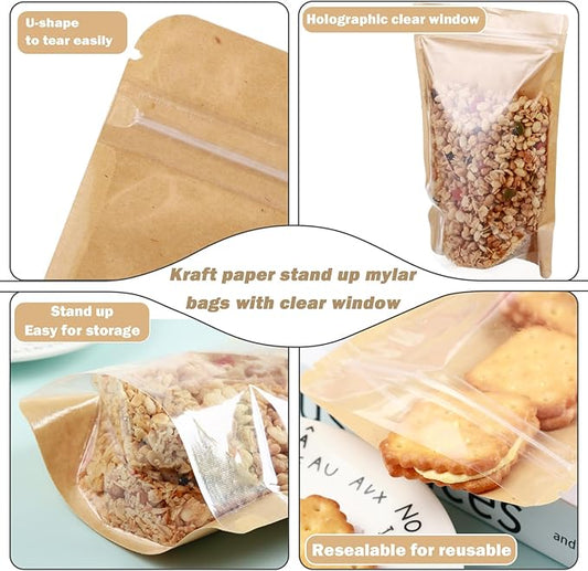 150-pack 4.7” x 7.9” Stand Up Kraft Paper Mylar Bags with Clear Window Resealable Foil Pouches for Food Storage Smell Proof Edible Packaging Bag for Small Business, Bulk