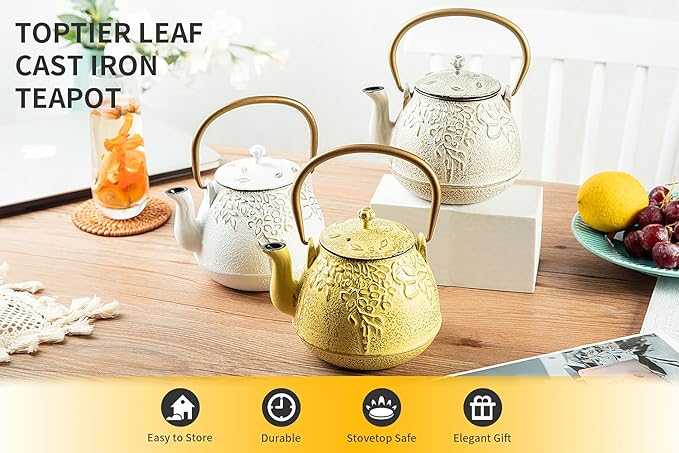 TOPTIER Japanese Cast Iron Tea Kettle with Infuser,Teapot Stovetop Safe, Leaf Design , Coated with Enameled Interior for 32 Ounce (950 ml), White