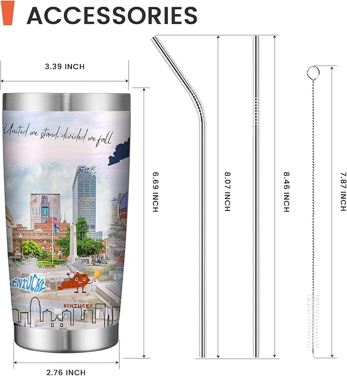 20oz Insulated Tumbler Kentucky State Coffee Mug, United States Map Travel Mug Landmark, Birthday Gifts Cute Custom Tumbler Cups with Lid and Straw Mothers Day Gifts