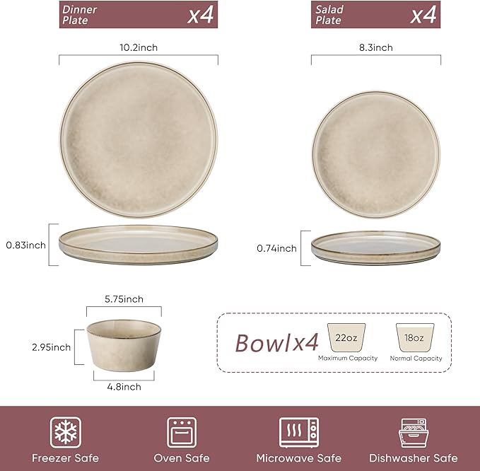 Herogo Stoneware Plates and Bowls Sets for 4, 12 Pieces Modern Dinnerware, Reactive Glaze Dishes Set for Kitchen, Chip Resistant, Microwave & Dishwasher Safe, Cream Khaki
