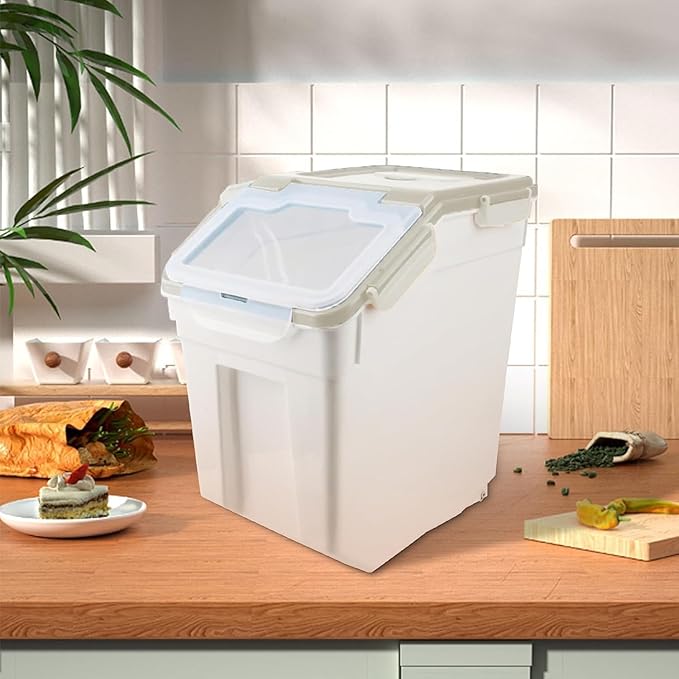 YXQ 50LB Large Flour Storage Container Bin,2 Pack Airtight Plastic with Wheels Seal Locking Lid Dispenser Organizer Bin with Measuring Cup & Scoop for Flour, Rice, Grain 100LBS Total Capacity(Grey)