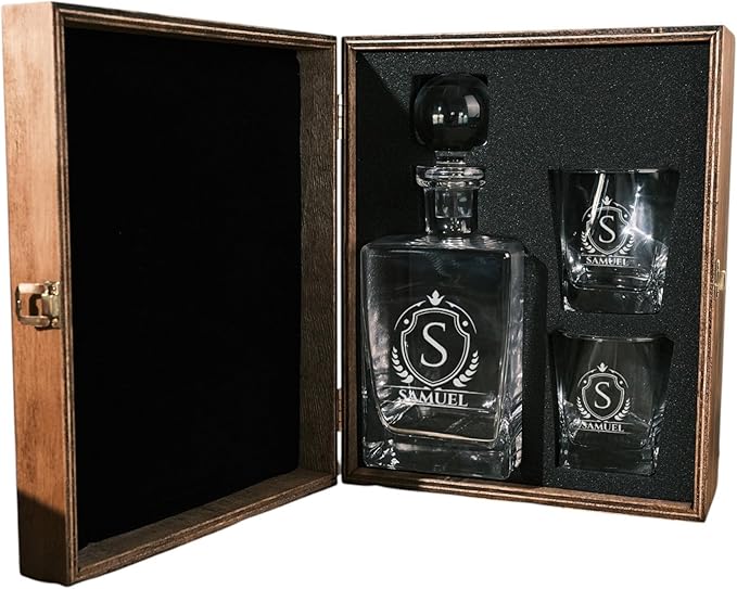 Personalized Whiskey Decanter Set with Engraved Glasses - Personalized Gifts for Men With Engraved Wooden Box and Whiskey Stones