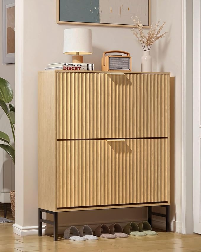 Fluted Shoe Cabinet, Shoe Storage Cabinet for Entryway with 2 Flip Drawers, Hidden Shoe Organizer with Metal Leg, Mid-Century Modern Narrow Shoe Rack for Living Room (Nature)
