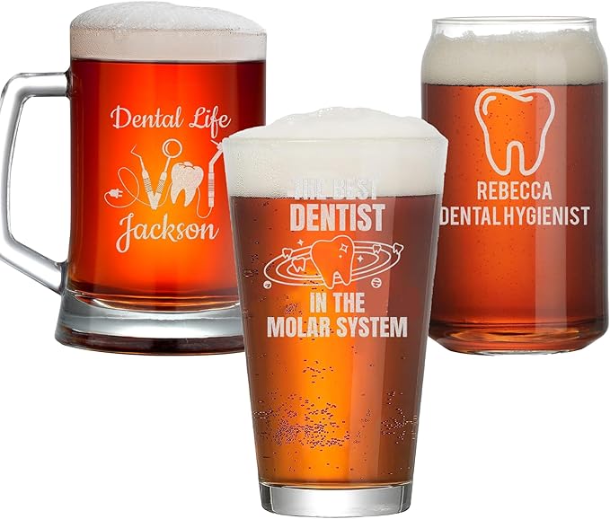 Custom Engraved Beer Glass - Personalized Dentist Gifts, Graduation Gift for Dental Student, Birthday Appreciation Gift for Dentist Assistant Hygienist Medical Graduate (Beer, Dentist)