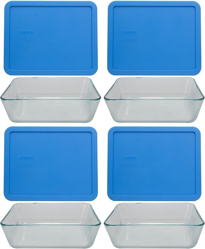 Pyrex 4-Piece 7212 Glass Dish Set with Marine Blue Lids - 11 Cup Capacity - Made in USA