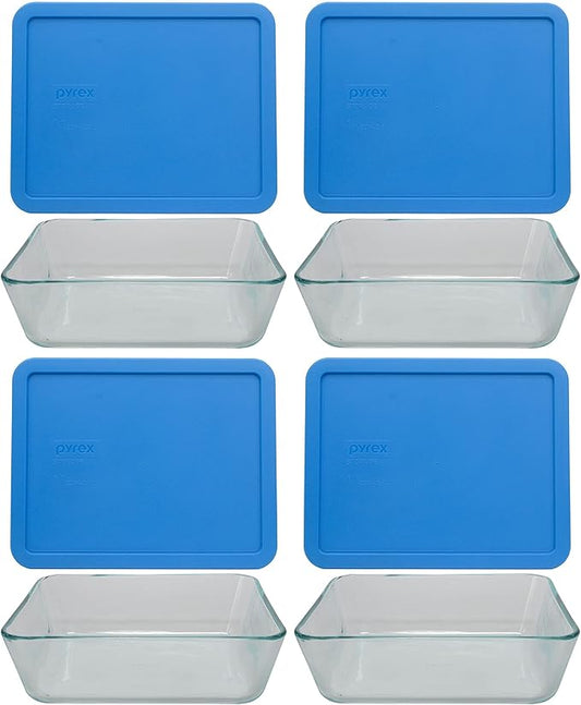 Pyrex 4-Piece 7212 Glass Dish Set with Marine Blue Lids - 11 Cup Capacity - Made in USA