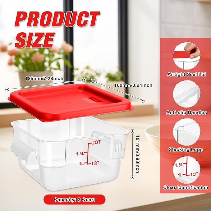 Airtight Square Food Storage Containers with Lids 4-Pack, Lock-Tight Seal for Flour, Sugar, Cereal, Keep Food Fresh, BPA-Free Stackable Kitchen Canisters with Measurements (Red, 2QT-4PACK)