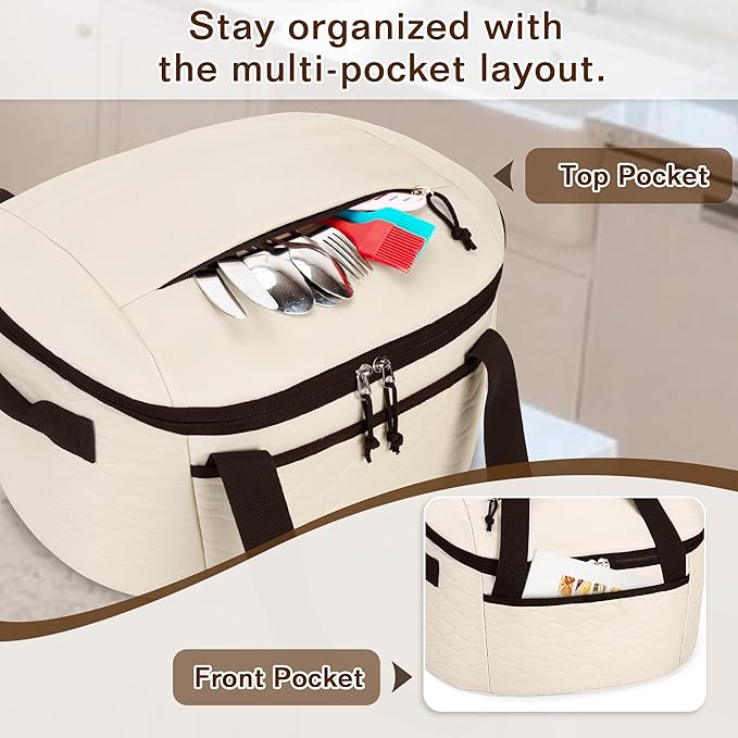 LUXJA Oval Slow Cooker Carrying Bag Compatible with Crock Pot 6-8 Quart, Insulated Slow Cooker Travel Bag with Lid Fasten Straps, Beige