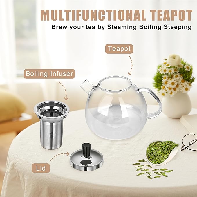Glass Tea Pot with Infuser for Loose Tea, Microwave Stovetop Safe 1500ml/50oz Loose Leaf Tea Kettle