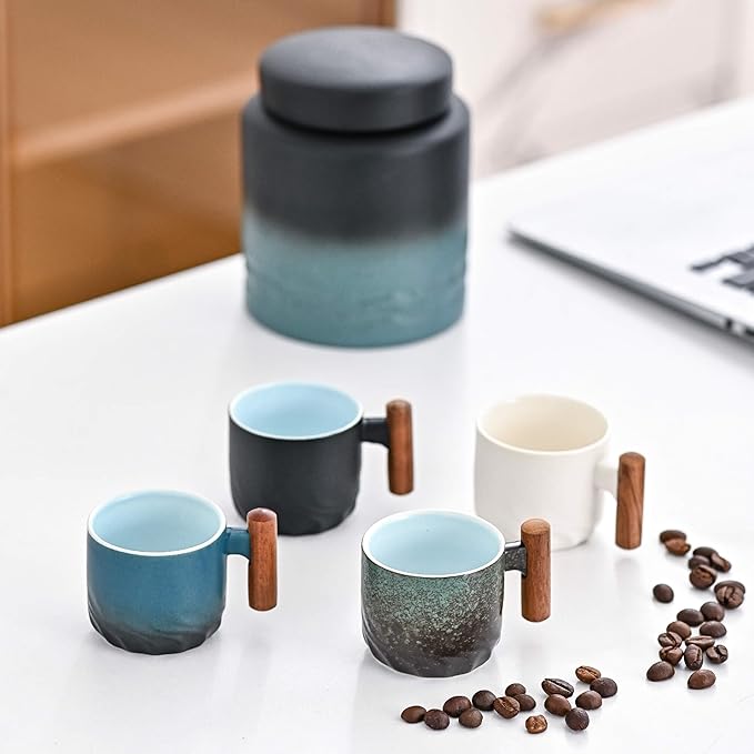 Espresso Cups Set of 2, Small Tea Cups, 2.1oz Ceramic Espresso Cups with Wooden Handle