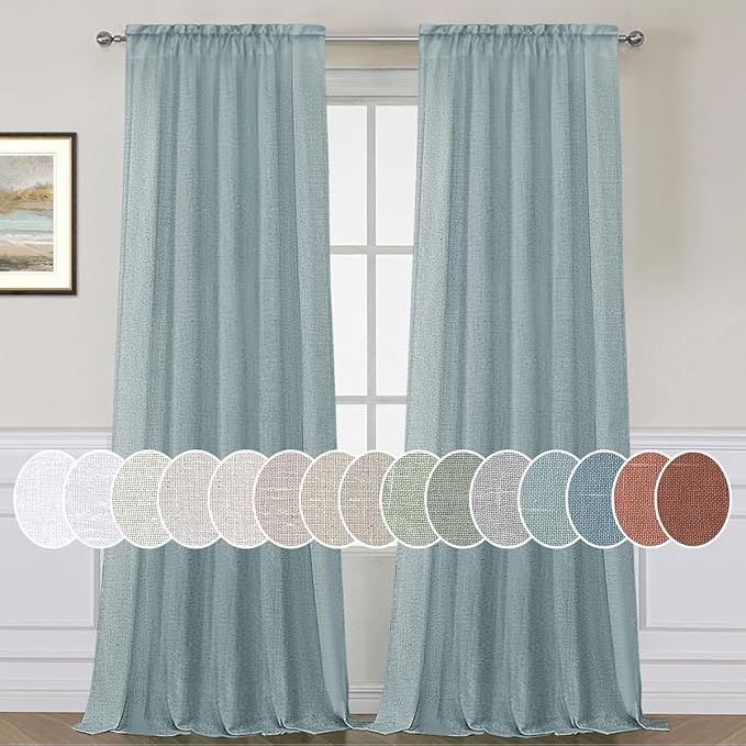 H.VERSAILTEX Linen Curtains Elegant Natural Linen Semi Sheer Curtains Energy Light Filtering Rod Pocket Window Treatments Panels for Living Room (Set of 2, Cloud Blue, 52 inch W X 108 inch L)