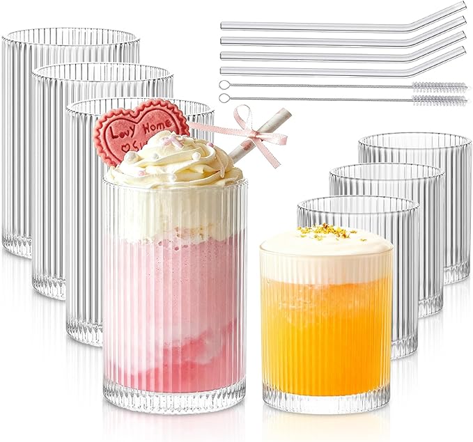 INSETLAN Set of 8 Ribbed Glassware - 4 Large Glasses 17 oz, 4 Rocks Glass Cups 10 oz, Vintage Glassware Cocktail Glasses, Ideal for Beer, Juice, Water, Ice Coffee Cup, Whiskey, Mixed Drinkware