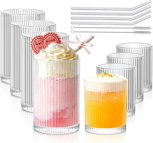 INSETLAN Set of 8 Ribbed Glassware - 4 Large Glasses 17 oz, 4 Rocks Glass Cups 10 oz, Vintage Glassware Cocktail Glasses, Ideal for Beer, Juice, Water, Ice Coffee Cup, Whiskey, Mixed Drinkware