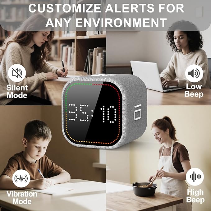 REACHER Fast Custom Pomodoro Timer Cube | Productivity Timer | Small Visual Cube | Silent, Vibrate Reminder | Adjustable Sound Alert | Magnetic, Visual Countdown | for ADHD, Study, Kitchen, Classroom