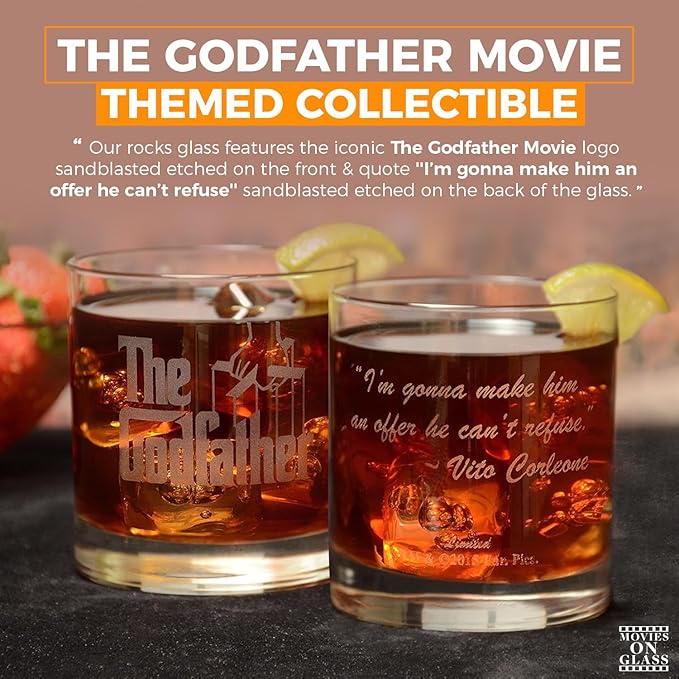 Official Godfather Etched Rocks Whiskey Glass - with Logo & Quote ''I’m gonna make him an offer he can’t refuse'' -Premium Quality, Handcrafted Glassware, 11oz. A Collectible Gift