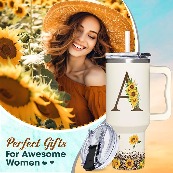 Personalized Birthday Gifts For Women - Sunflowers Monogrammed Cup For Boss Day, Christmas - Customized Gifts For Women, Mom, Wife, Coworkers, Boss Lady, Her - Custom Tumbler With Handle 40oz