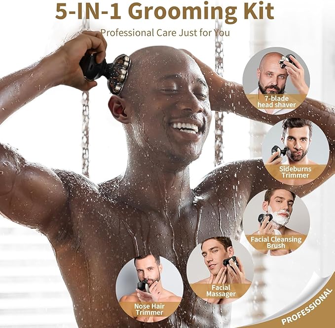 SHPAVVER Head Shavers for Bald Men: 5-in-1 Upgraded Electric Razor - IPX7 Waterproof Shaving Grooming Kit for Balder - Turbo Speed & Precision Blades (Deep Gold)