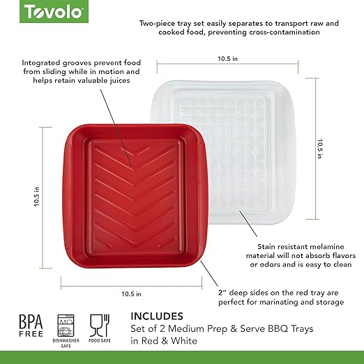Tovolo Marinade Container with Lid, Small (Red/White)- BBQ Prep Tub & Marinating Container with Lid for Kitchen, Grill, Meal Prep, Smoker, Griddle, & Barbeque - Dishwasher-Safe Melamine Marinade Tray